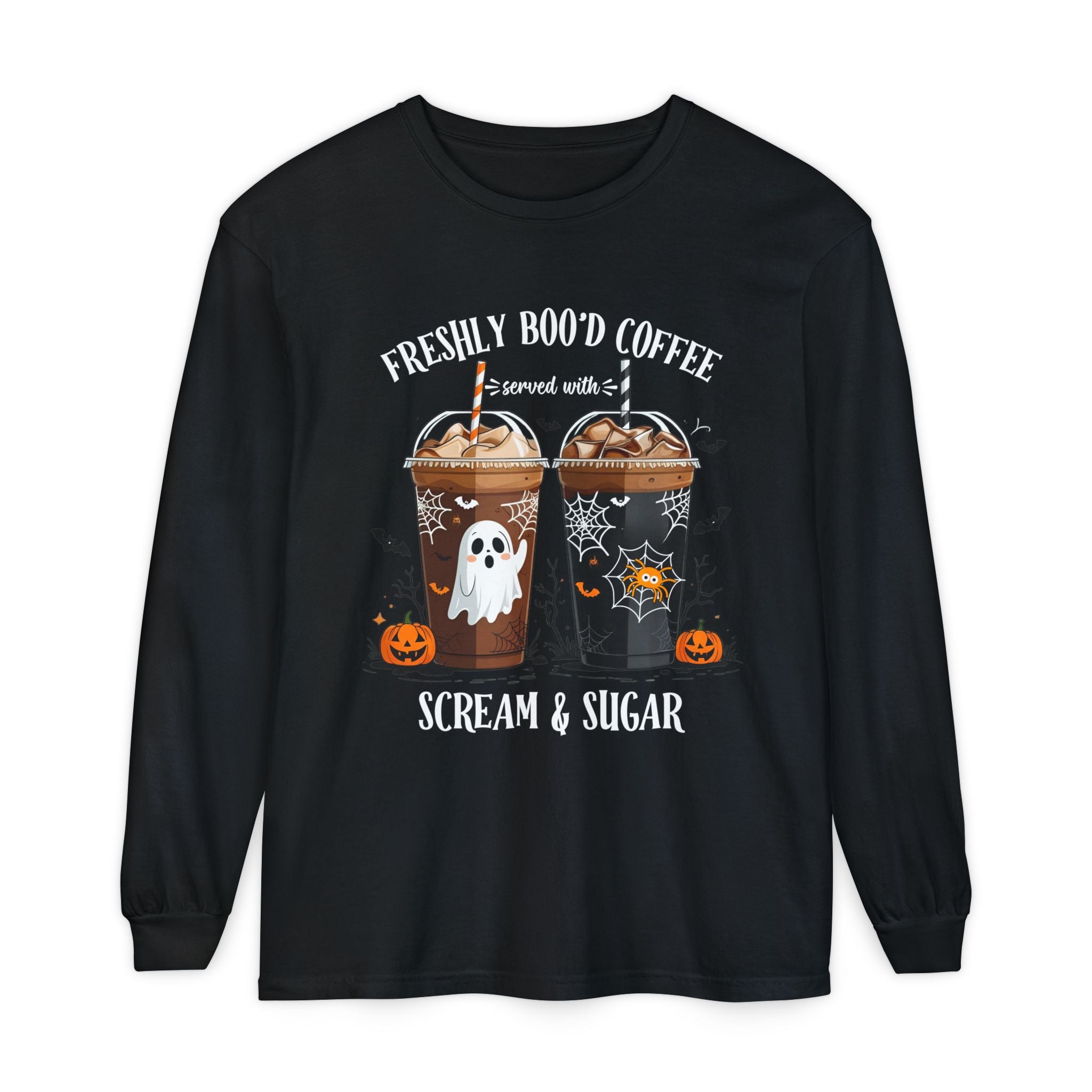 Halloween Coffee Long Sleeve Tee — "Freshly Boo'd Coffee, Scream & Sugar"