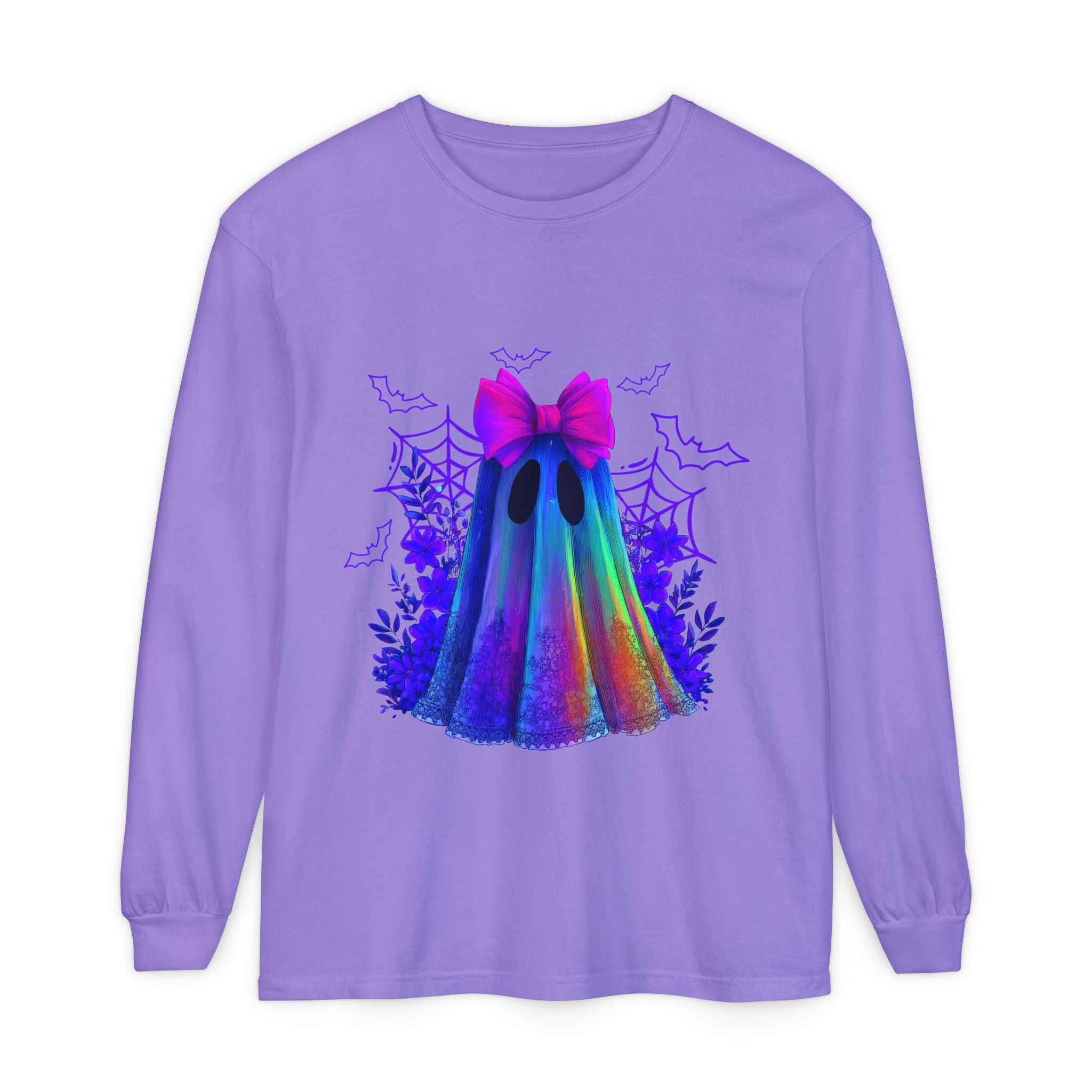 Halloween Ghost Long Sleeve Tee — Holographic Bow Ghost Graphic