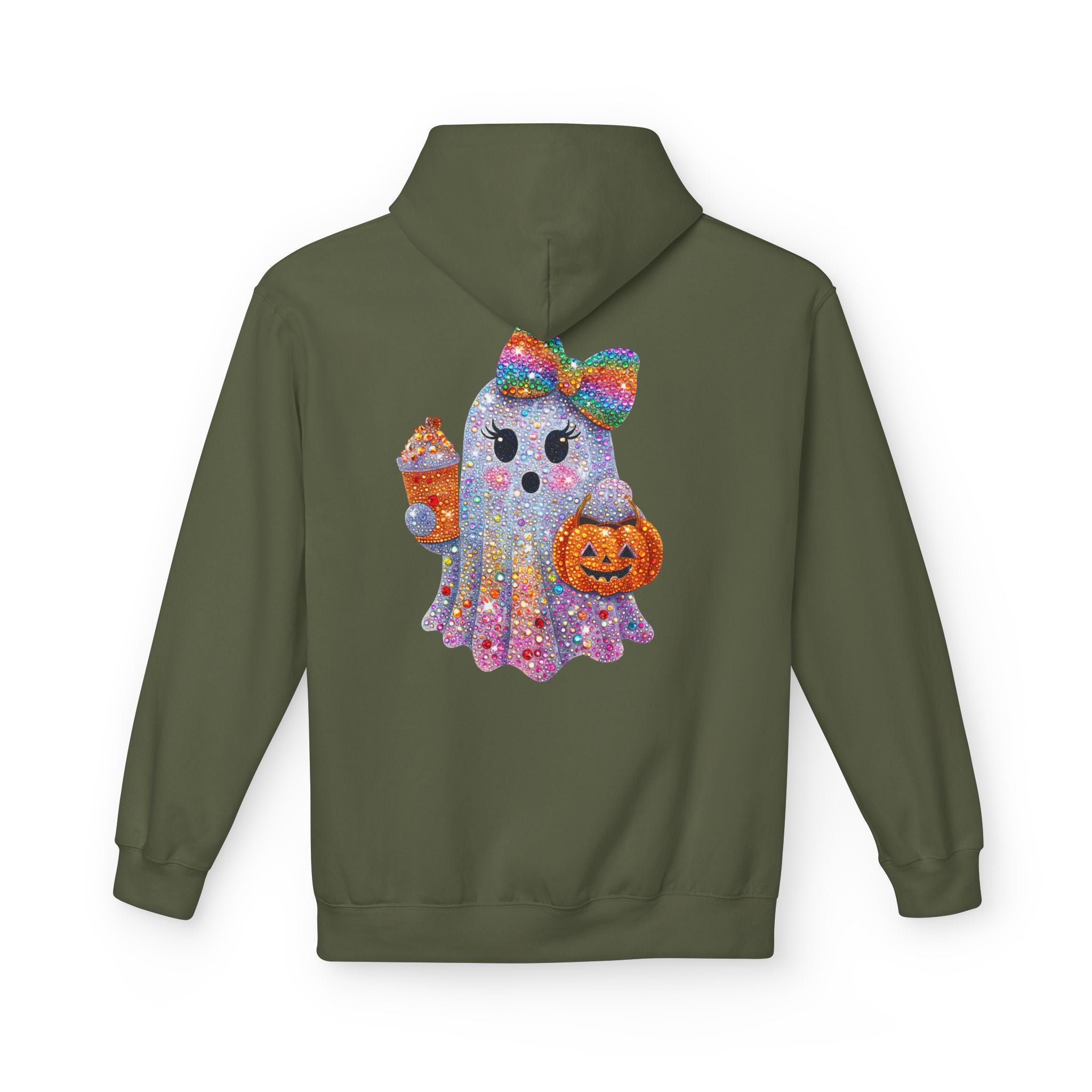 Cute Halloween Ghost Hoodie — Glitter Ghost Holding Pumpkin & Coffee Graphic