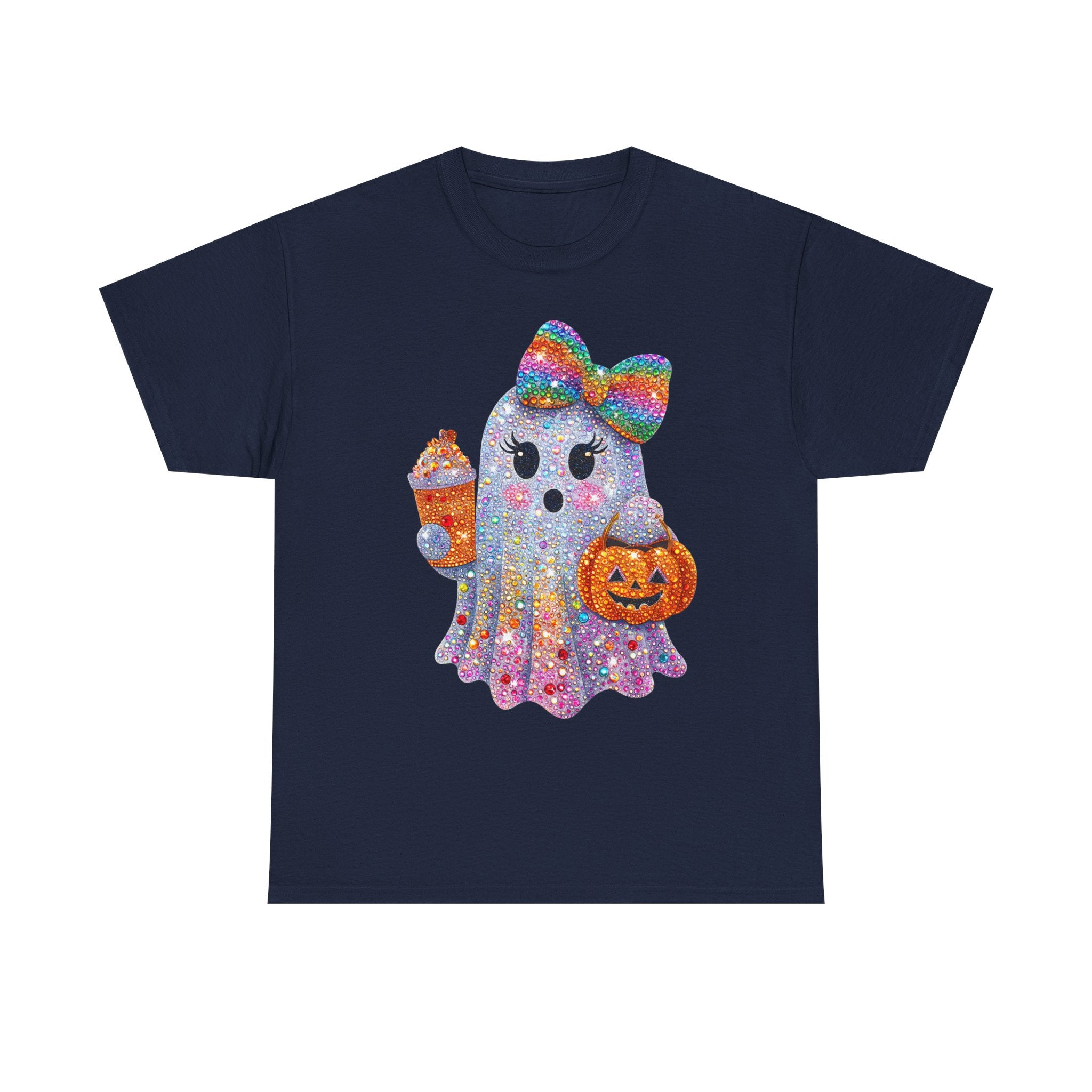 Cute Glitter Ghost T‑Shirt — Rainbow Bow Halloween Tee with Pumpkin & Candy