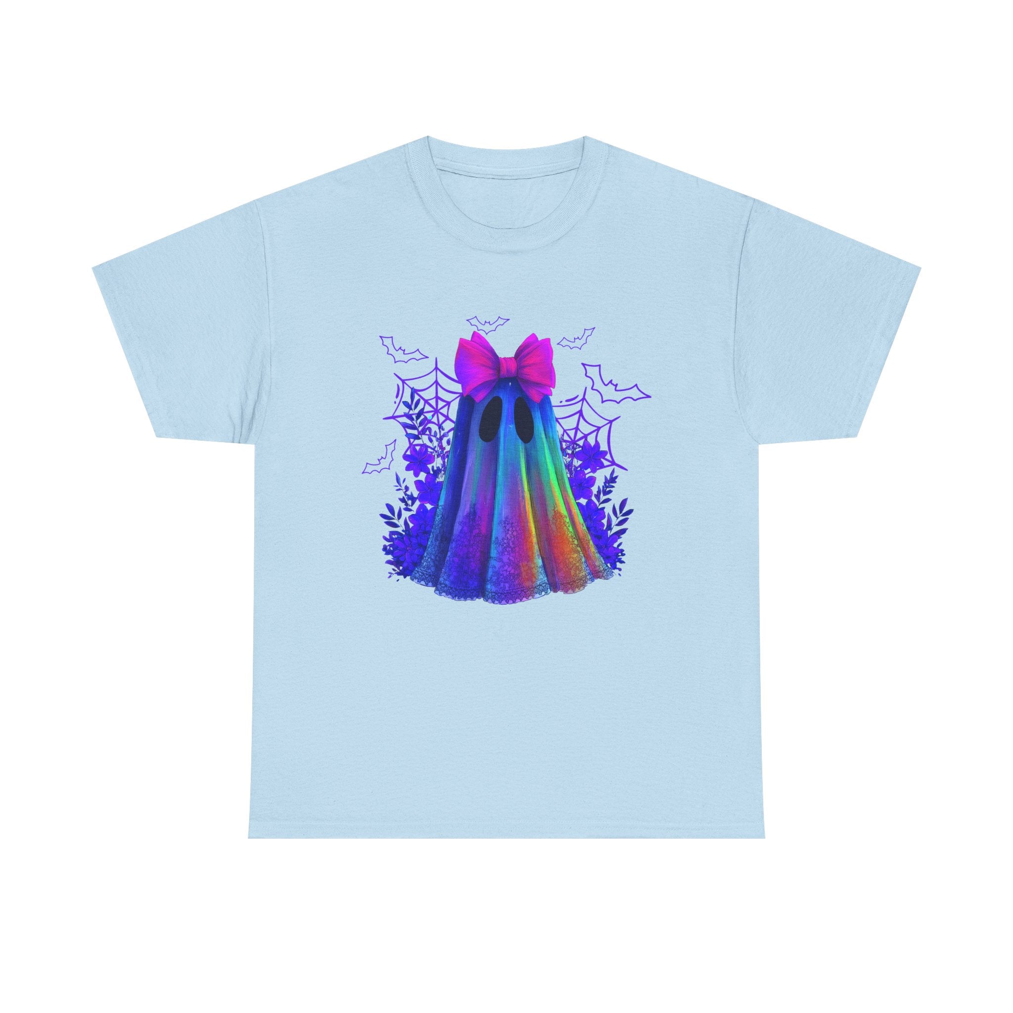 Neon Rainbow Ghost T-Shirt — Cute Halloween Spirit Tee with Pink Bow