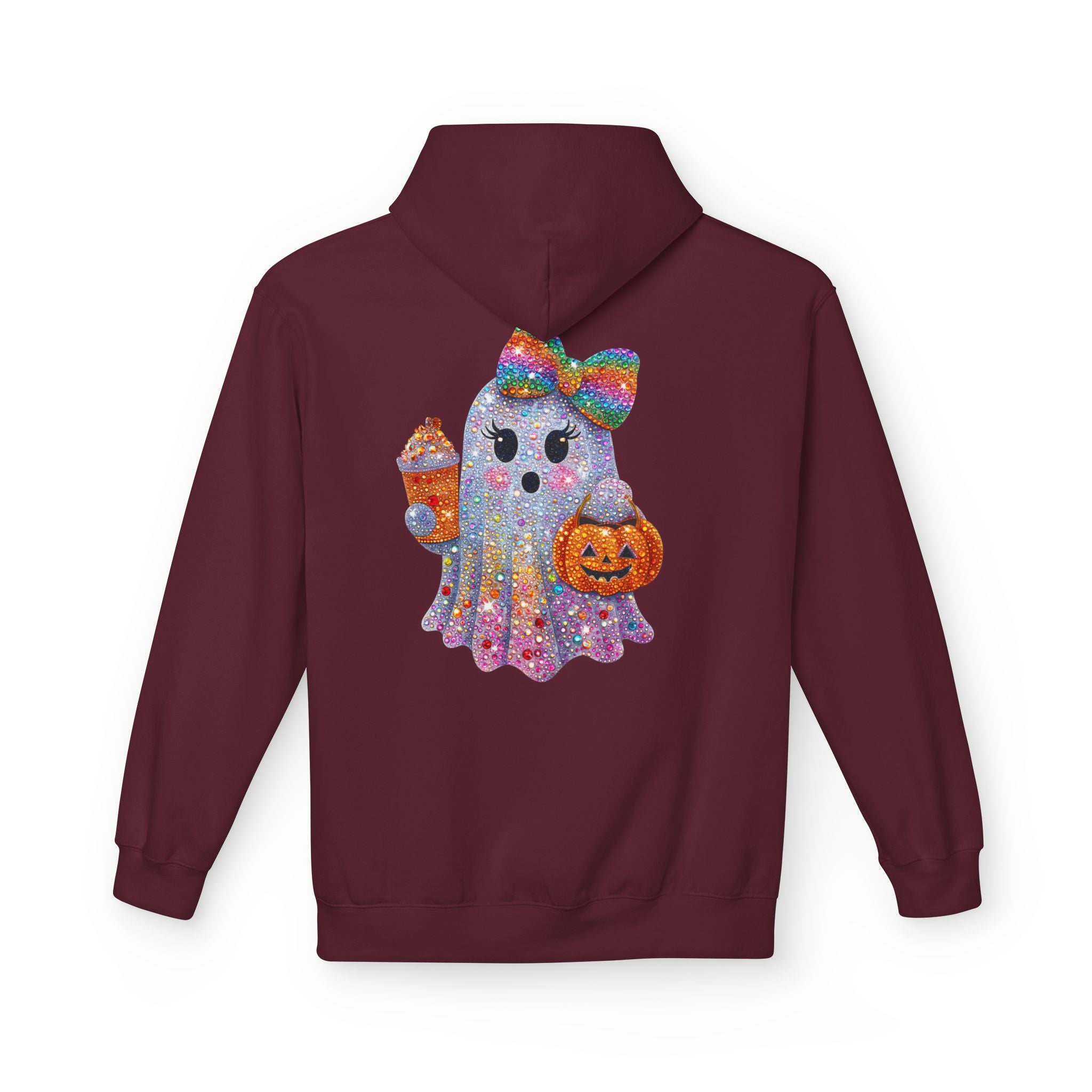 Cute Halloween Ghost Hoodie — Glitter Ghost Holding Pumpkin & Coffee Graphic