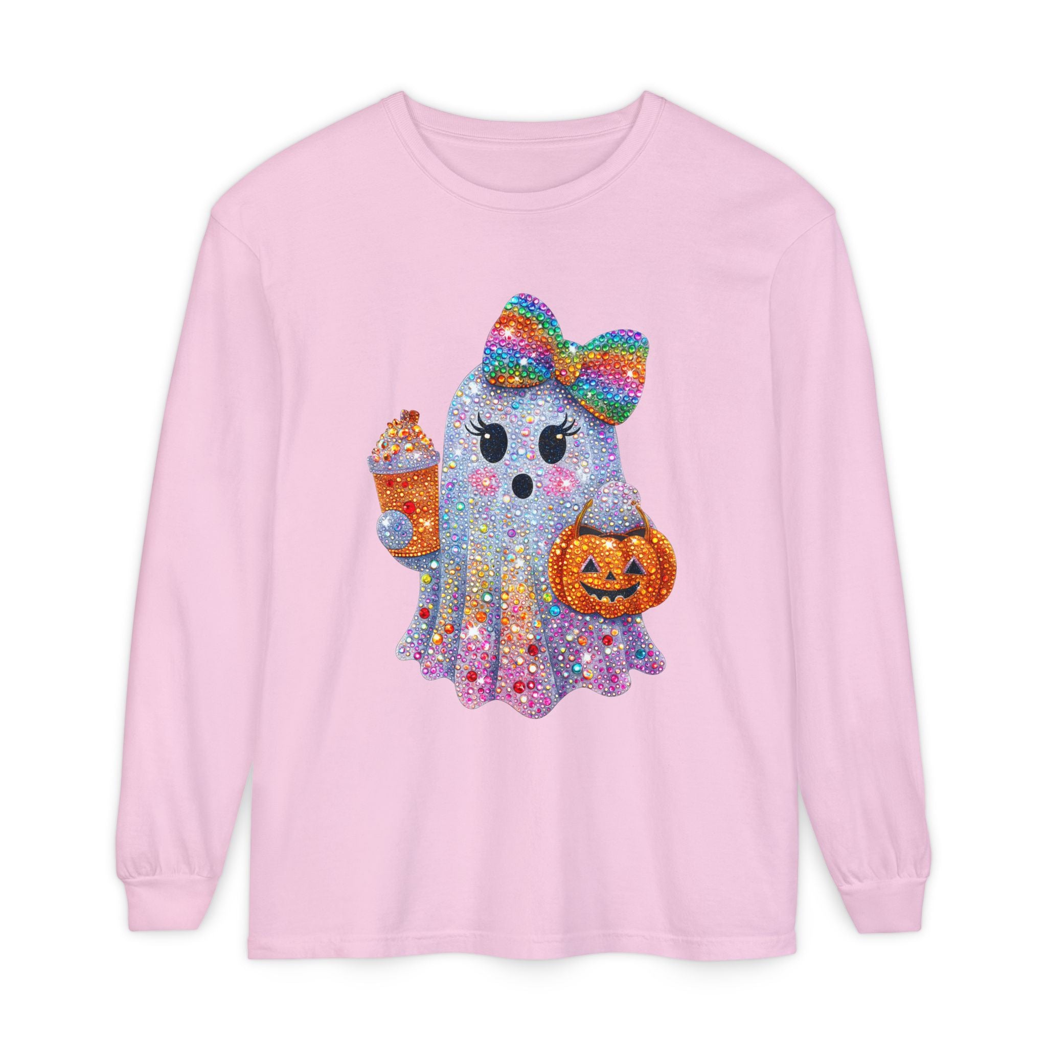 Sparkle Ghost Long Sleeve Tee — Cute Halloween Pumpkin & Candy Design