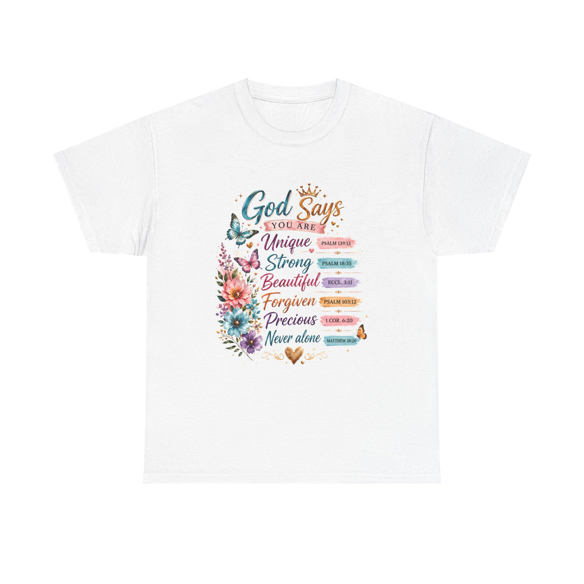 God Says Inspirational Floral T‑Shirt — You Are Unique, Strong, Beautiful Faith Tee