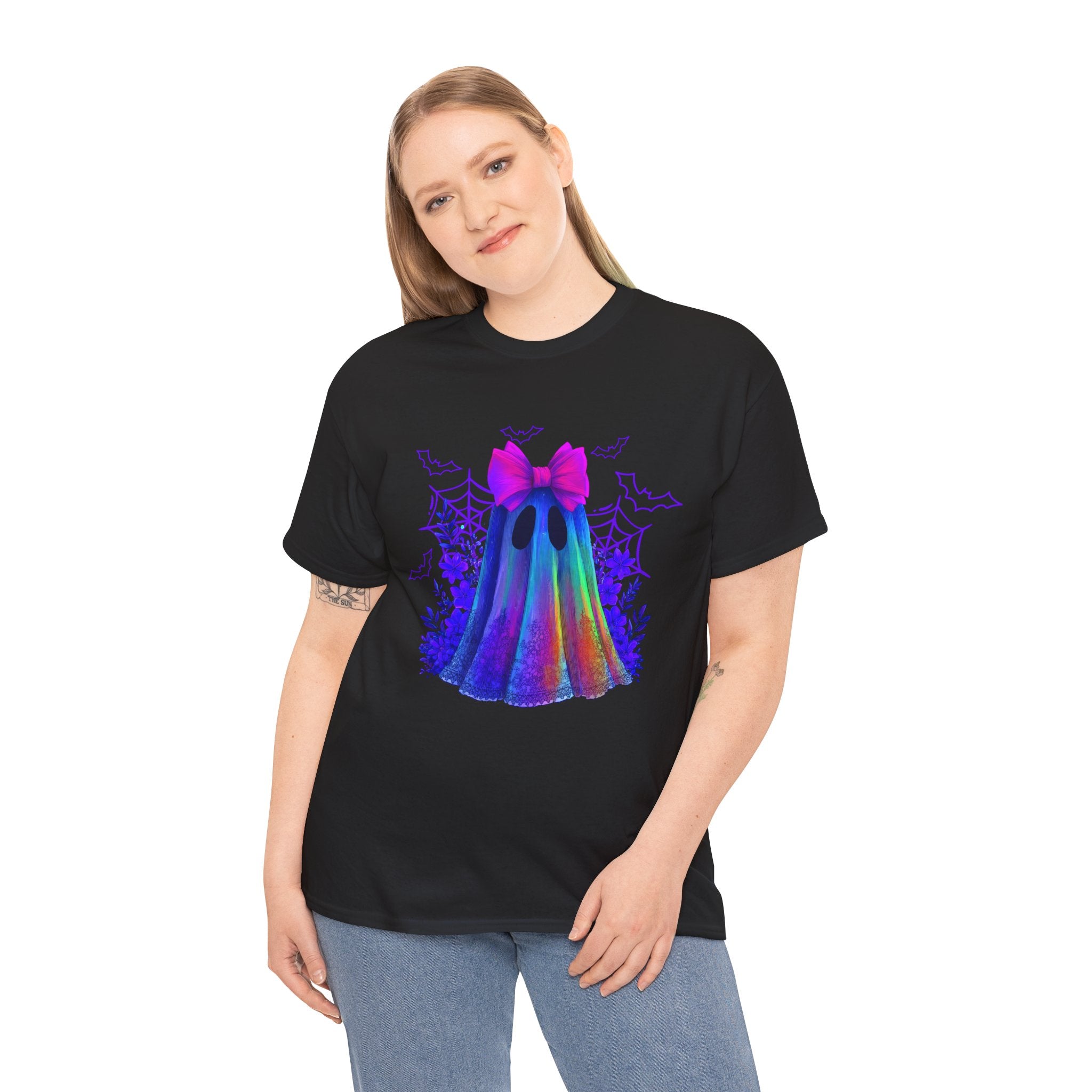 Neon Rainbow Ghost T-Shirt — Cute Halloween Spirit Tee with Pink Bow