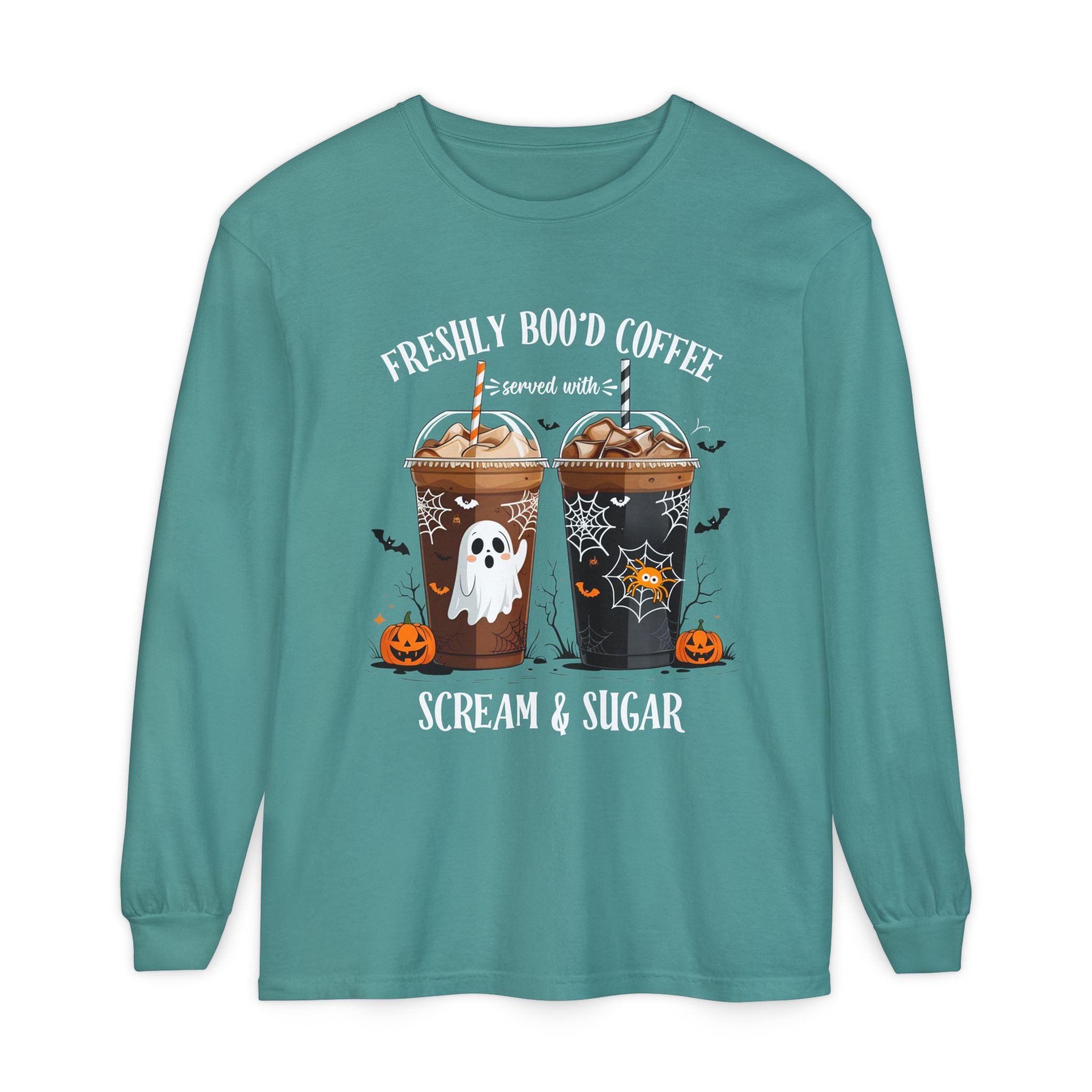 Halloween Coffee Long Sleeve Tee — "Freshly Boo'd Coffee, Scream & Sugar"