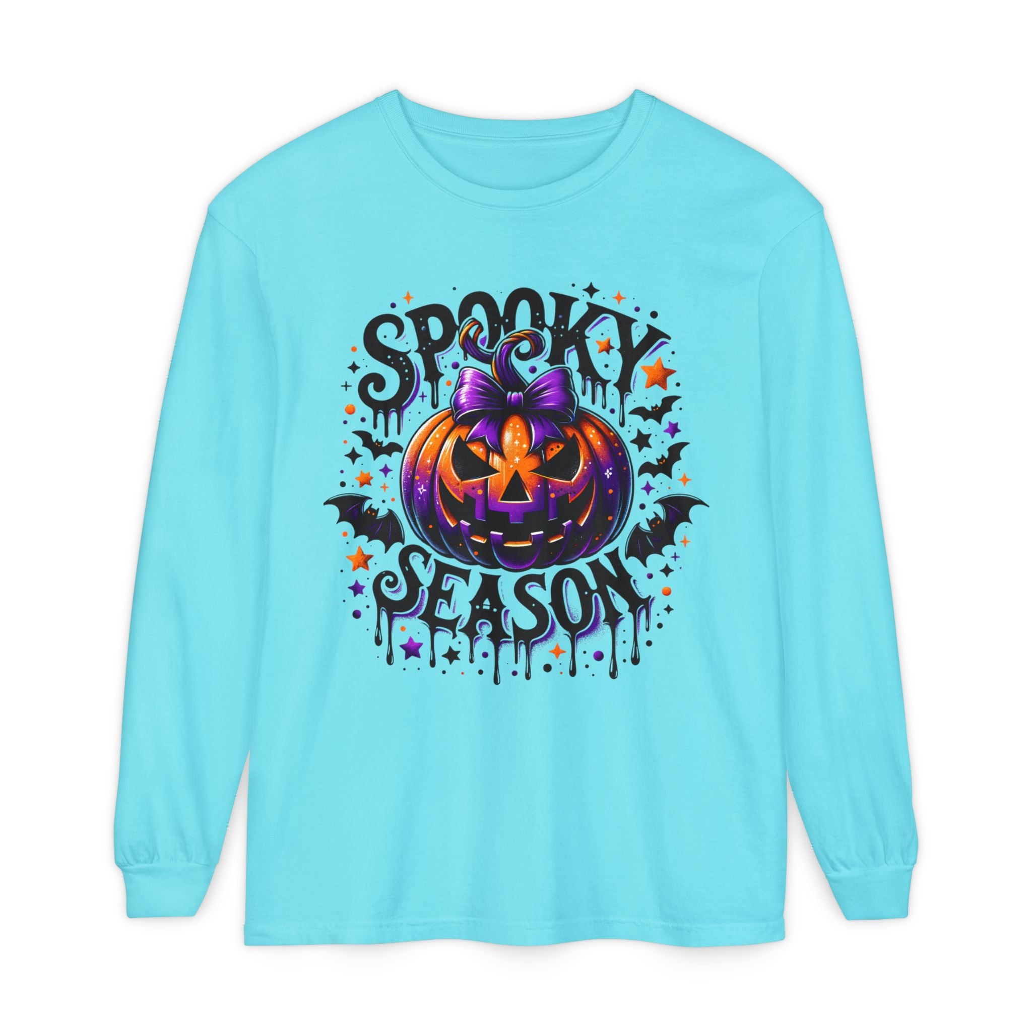 Spooky Season Long Sleeve Tee — Purple Pumpkin Halloween Design