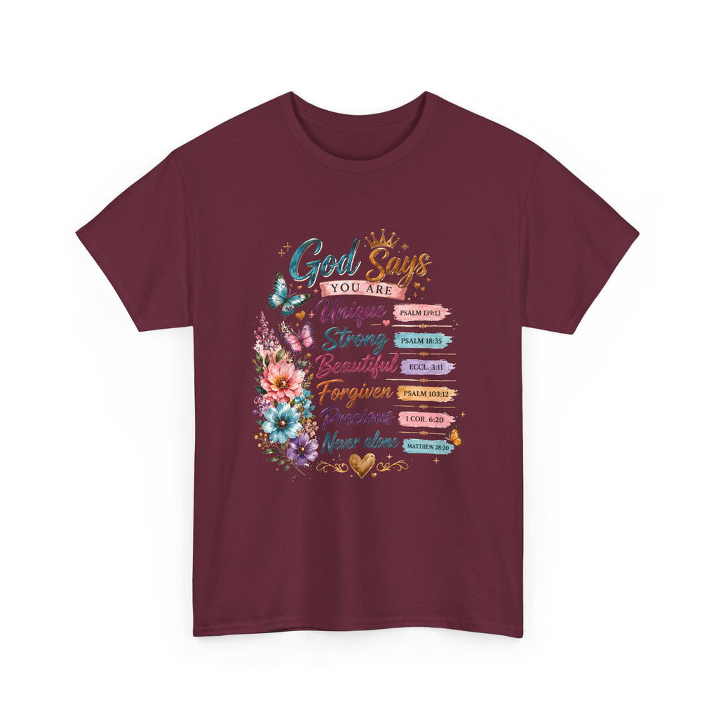 God Says Inspirational Floral T‑Shirt — You Are Unique, Strong, Beautiful Faith Tee