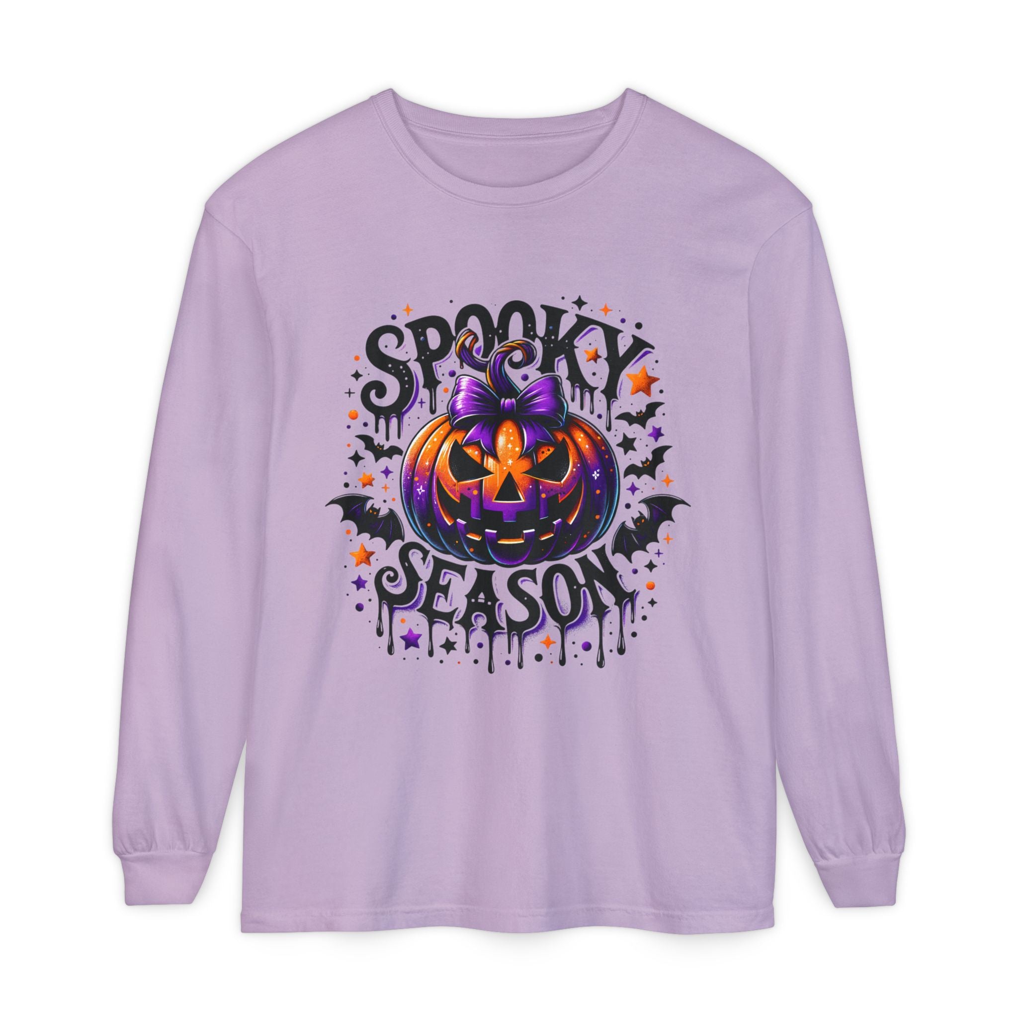 Spooky Season Long Sleeve Tee — Purple Jack-O'-Lantern Halloween Shirt