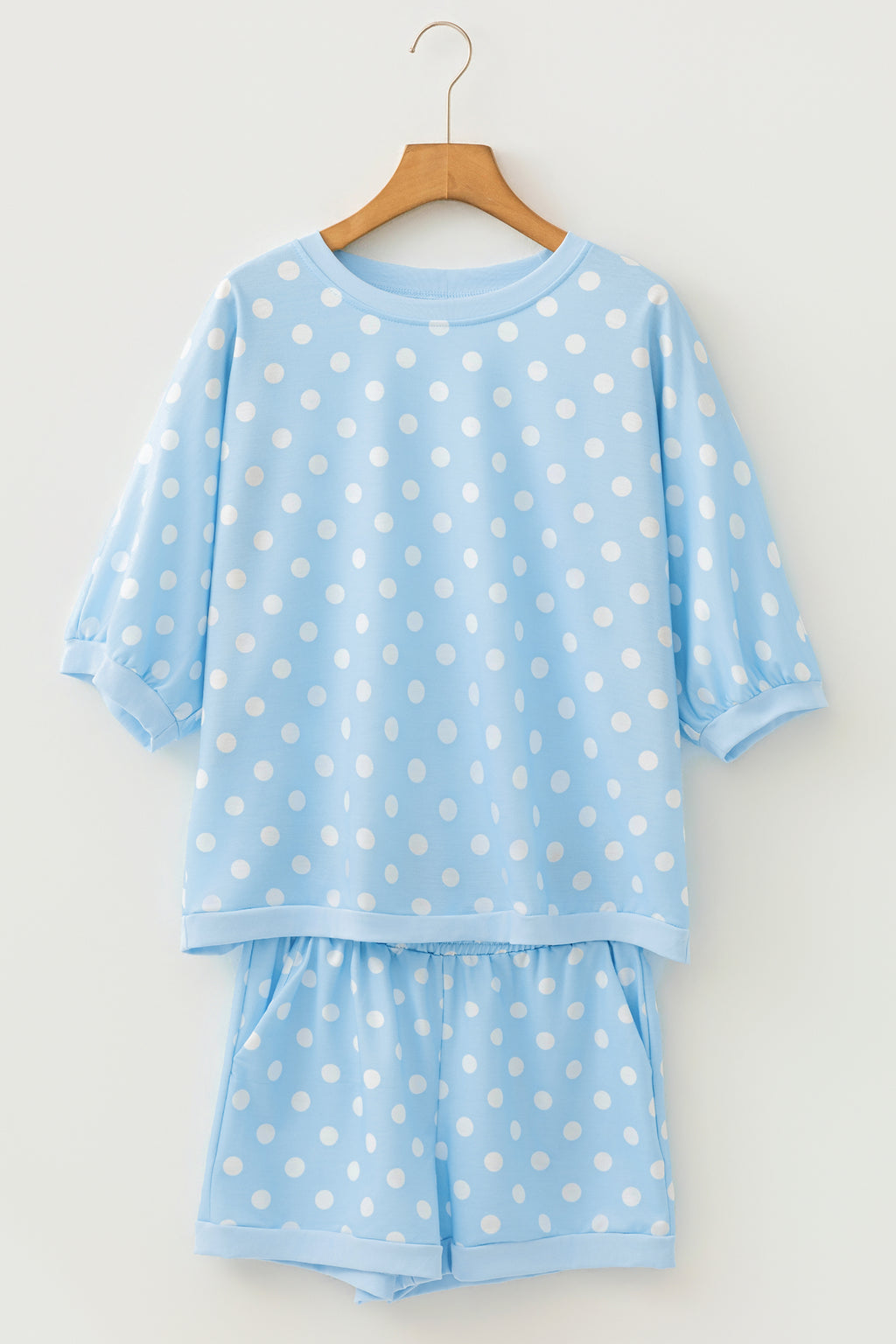 Sky Blue Polka Dot Oversized Top Drawstring Short Set
