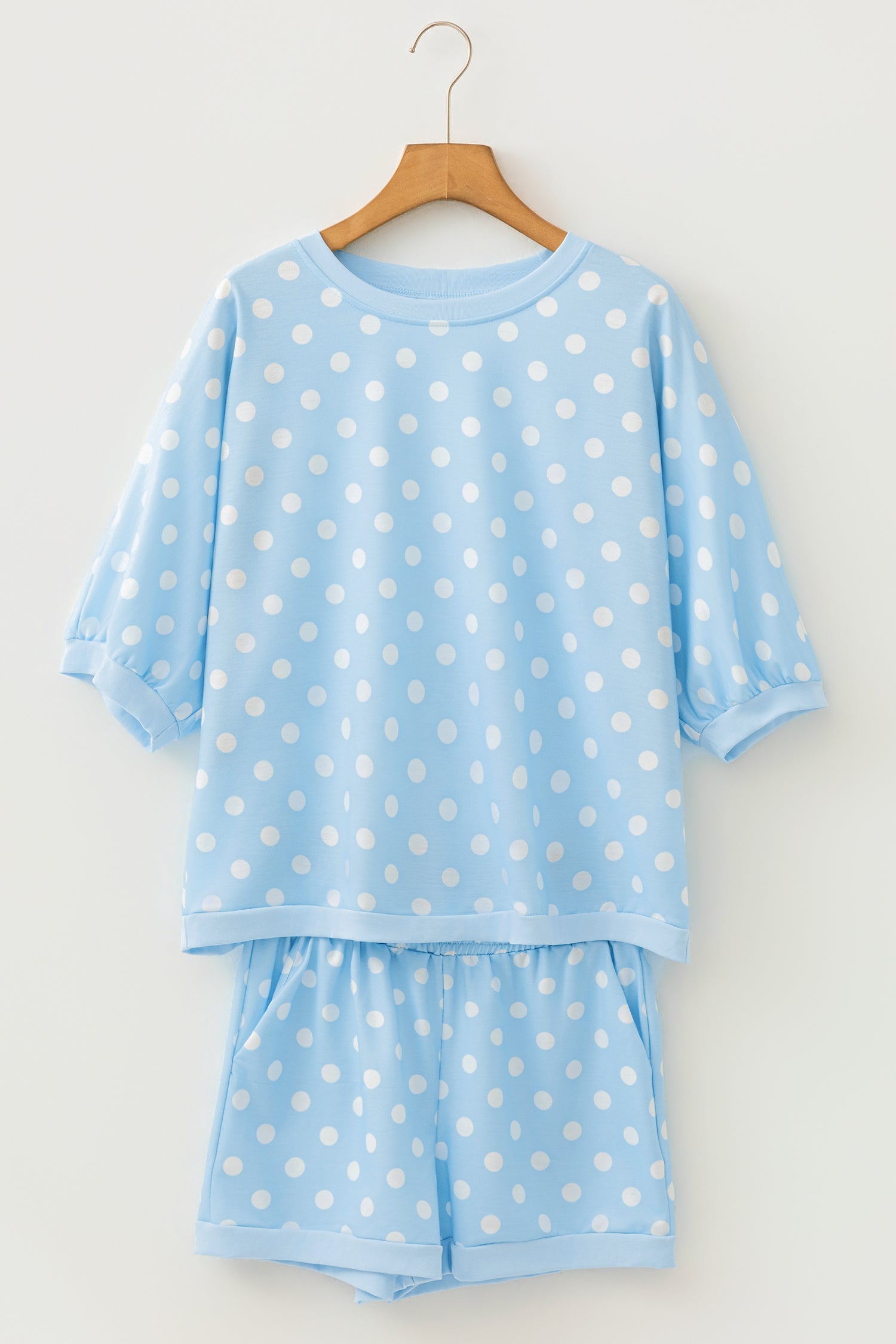 Sky Blue Polka Dot Oversized Top Drawstring Short Set